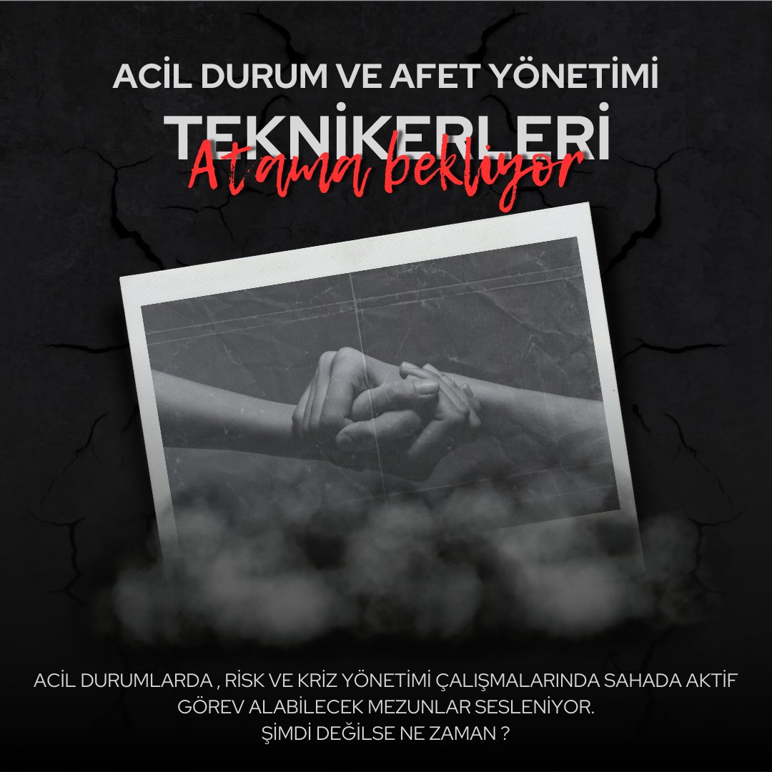 Sayın <a href="/RTErdogan/">Recep Tayyip Erdoğan</a> Cumhurbaşkanım
ülkemizin gündemi #deprem ve afetlerle mücadele bu alandaki eğitimini başarıyla tamamlayan binlerce mezunu olan Acil Durum ve Afet Yönetimi Teknikerleri olarak size sesleniyoruz. Geciken atama ve iyileştirilmiş şartları uygun kılavuzu beklemekteyiz