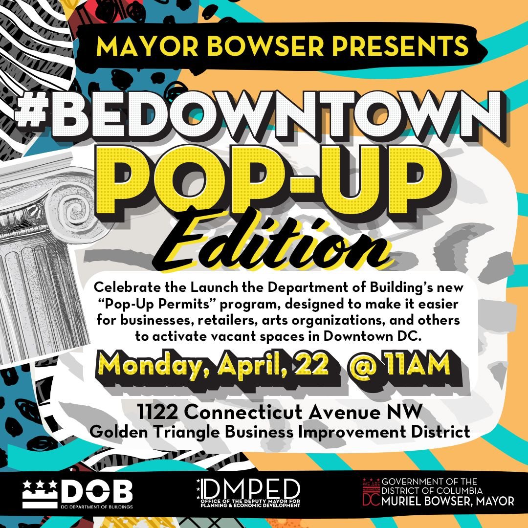 Activating vacant spaces is important to our vision for the future of Downtown, and we're making the process easier.

#BeDowntown with us to launch the brand-new Pop-Up Permits program:

🗓️Monday, April 22
⏰11AM
📍1122 Connecticut Ave NW