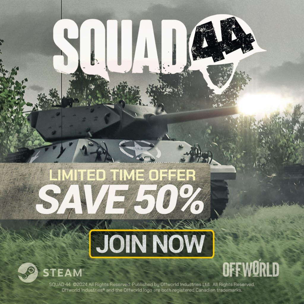 Don't let this pass you by! For a limited time, Squad44 is now 50% OFF! 

Experience the thrill of WW2 with our recent graphics update – the battlefield has never looked more stunning! 

🎮💥 #Squad44 #LimitedTimeDeal #WW2Gaming