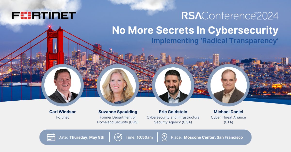Join #Fortinet’s Carl Windsor for a panel discussion at #RSAC 2024 on the importance of responsible radical transparency, exploring how openness can strengthen your organization's resilience against cyberattacks. 📆 Thursday, May 9 at 10:50am PT 📍 ftnt.net/6014brGp2