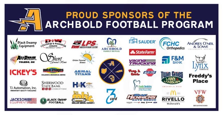 The Archbold Football program is immensely grateful for the support from our local businesses. Our players greatly benefit from their generosity, and our Coaching Clinic would not be possible without them. Please join us in thanks by choosing to support our business sponsors⚡️🏈