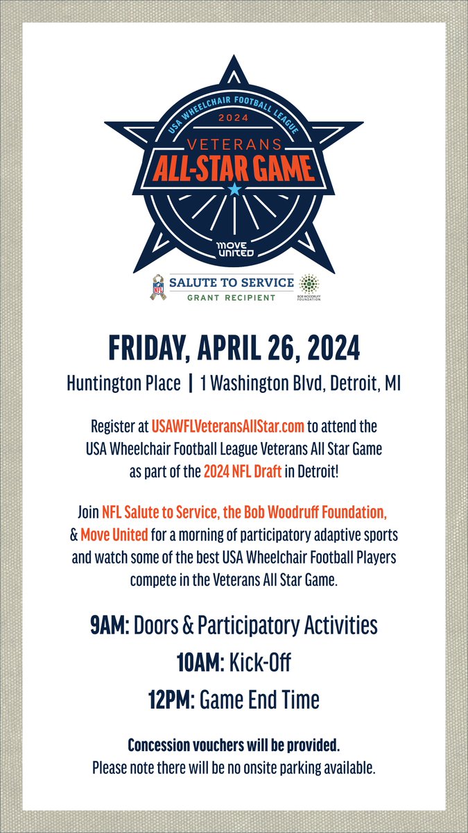 MIVeteran's tweet photo. Tomorrow!

The USA Wheelchair Football League Veterans All Star Game will be in Detroit with kick-off at 10 a.m. To register, please visit: https://t.co/SPHDZFsErG. https://t.co/y2uBLJStJi