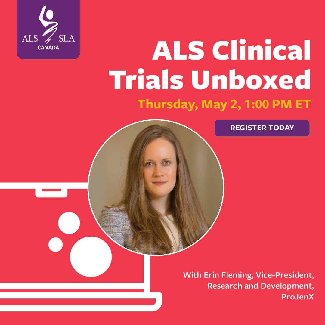 ALSCanada's tweet photo. Join ALS Canada, on May 2 at 1:00 pm ET, for ALS Clinical Trials Unboxed. This month, Erin Fleming, Vice-President, Research and Development at ProJenX will present on a Phase 1 clinical study to evaluate prosetin for ALS. To register for webinar, visit https://t.co/Vvmue3BQ6h. https://t.co/I5u11wsOwW