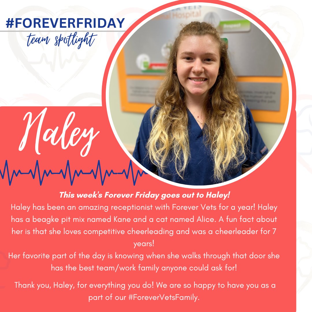 It's #ForeverFriday time! This week's spotlight is Haley from our RaceTrack location! Haley has been with Forever Vets for a year!
💙 Thank you Haley for everything you do!