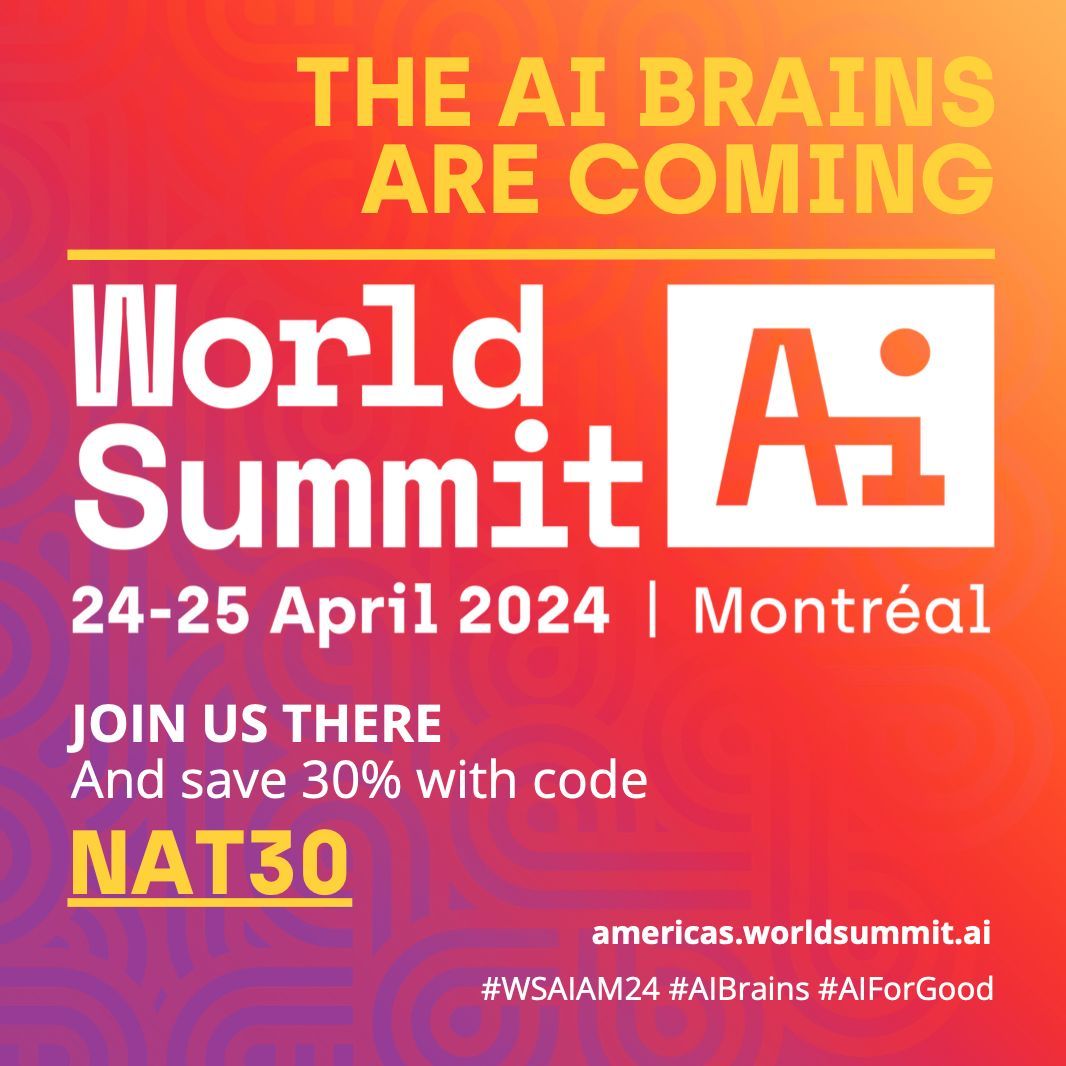 Vous êtes à la recherche d'un code promotionnel pour le @WorldSummitAI Americas les 24 et 25 avril à Montréal. L'ÉIAS vous offre 30 % sur les frais d’inscription. 

Code promo : NAT30. Inscrivez-vous!buff.ly/3NQZ1j0 
#WSAIAM24 #AIBrains #AIForGood