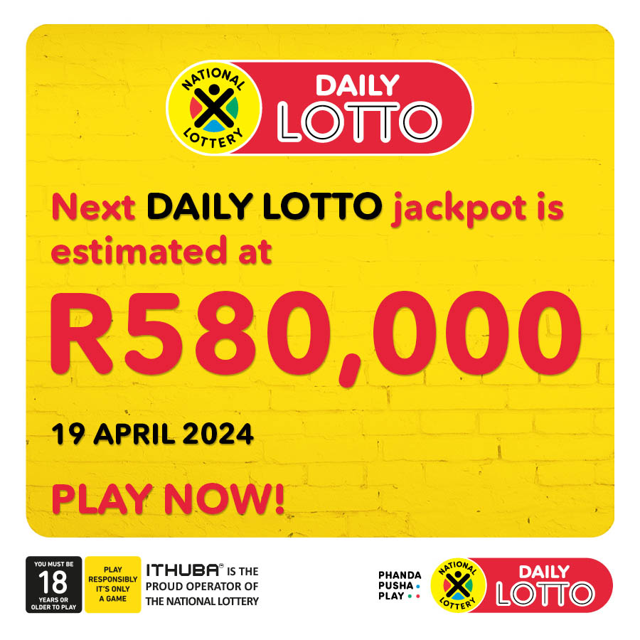 An estimated R580,000 #DAILYLOTTO jackpot is up for grabs this Friday! Play NOW & make every day ke PAYDAY! Buy your tickets NOW in-store, on nationallottery.co.za, the Mobile App, cellphone banking or simply dial *120*7529# for USSD.