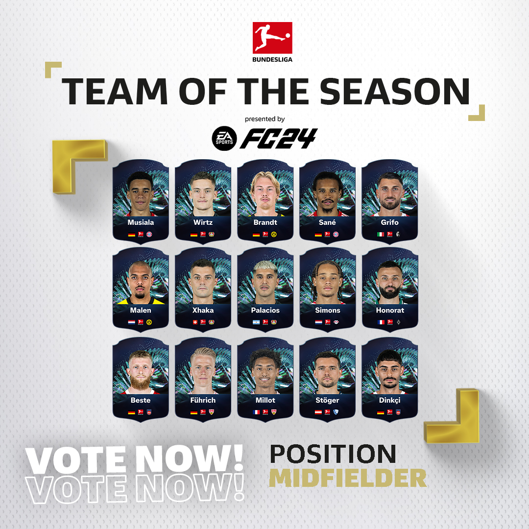 Die besten Mittelfeldspieler der @Bundesliga_DE Saison 2023/24 ⚽ Entscheide jetzt, wer es ins Bundesliga Team of the Season schaffen soll: x.ea.com/79893 #FC24