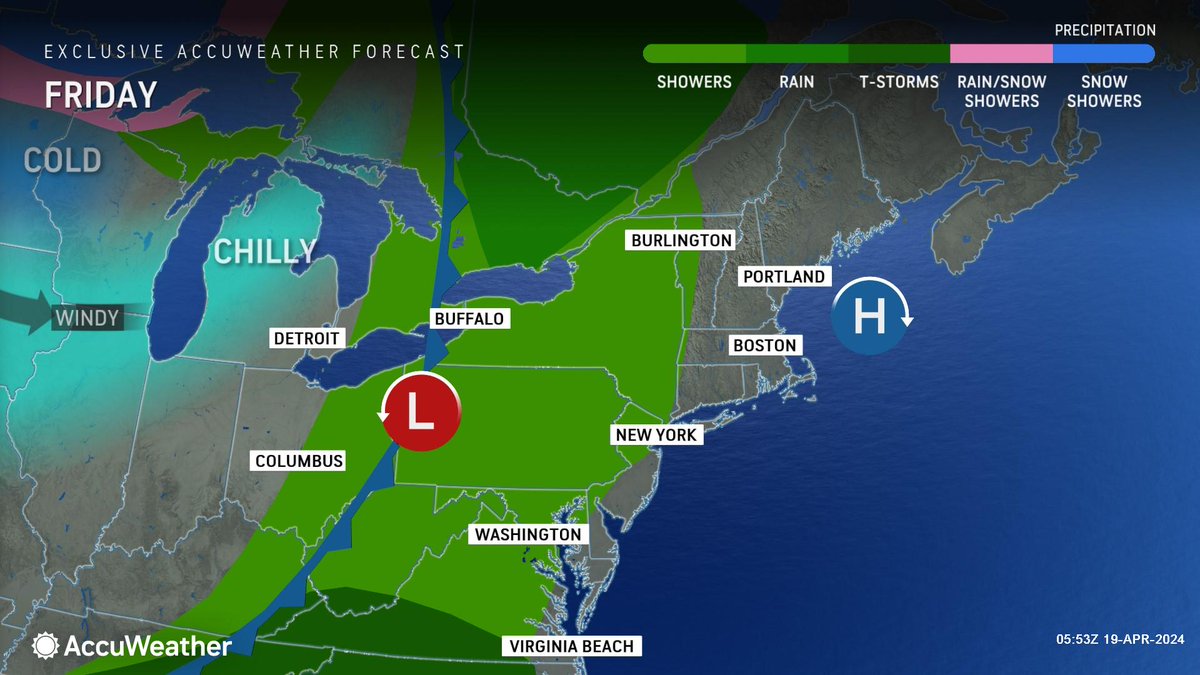 WEATHER @accuweather Friday • This afternoon-Mostly cloudy with a shower or two, maybe some thunder. High 67. • Tonight-Rather cloudy. Clearing late. Low 45. • Saturday-Sun and clouds. Breezy and cooler. High 57.