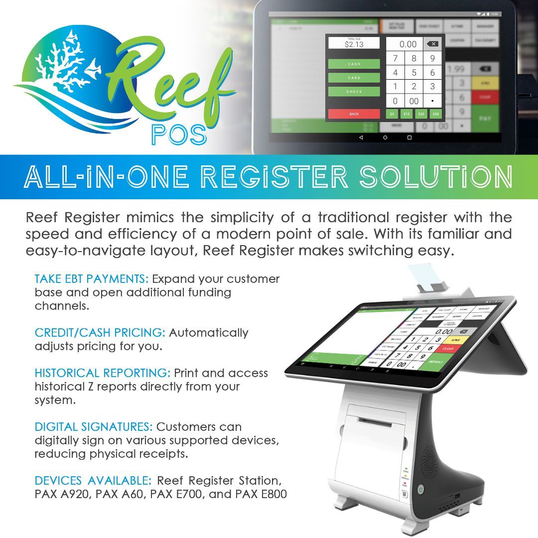 Reef Register is a digital #cashregister with an integrated credit card terminal.

This is the perfect #paymentsolution for any merchant using an old school cash register with a side terminal.

Learn more -> buff.ly/3QHYrHz