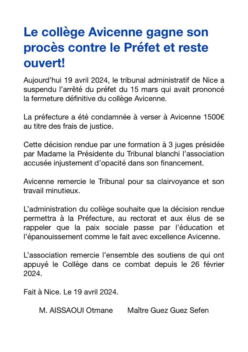 [COMMUNIQUE] 🔴 C’est avec beaucoup d’émotion que je vous annonce que le Collège Avicenne gagne son procès contre le Préfet des Alpes Maritimes et reste ouvert.