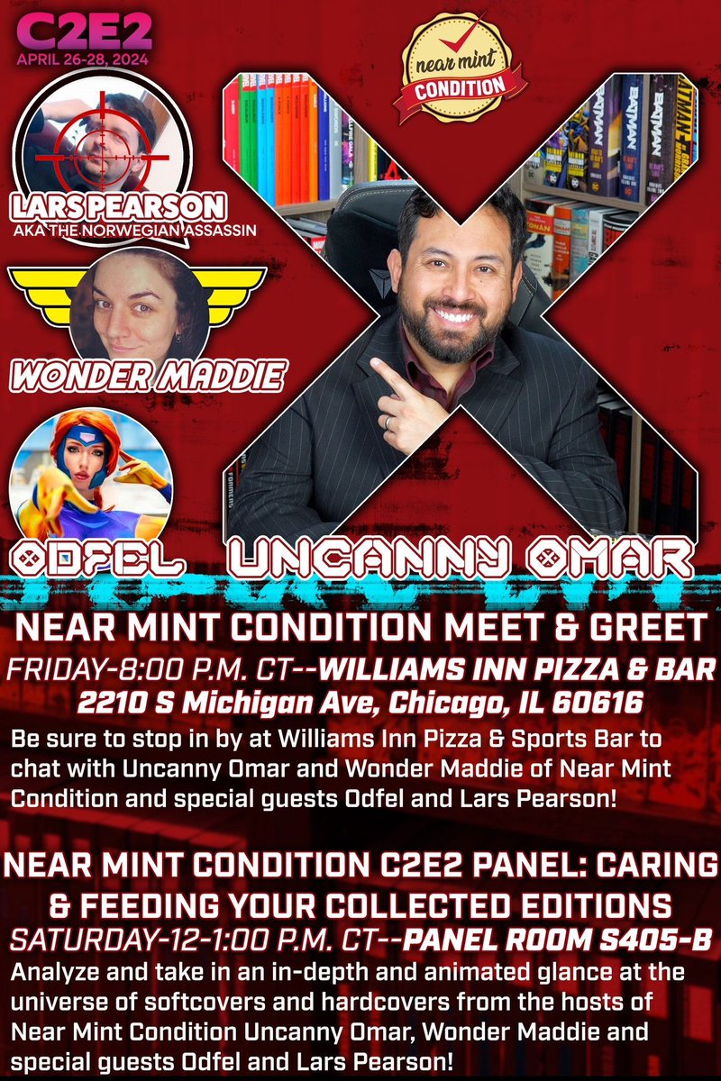 If you’re heading to @C2E2 then check out these opportunities to meet The Uncanny Omar and Friends! @MadsterPhoto, @0dfel, and Lars with be join Omar! All the information is in this graphic! #comics #comicbooks #graphicnovels #omnibus #marvel #dc #image #darkhorse #manga #c2e2