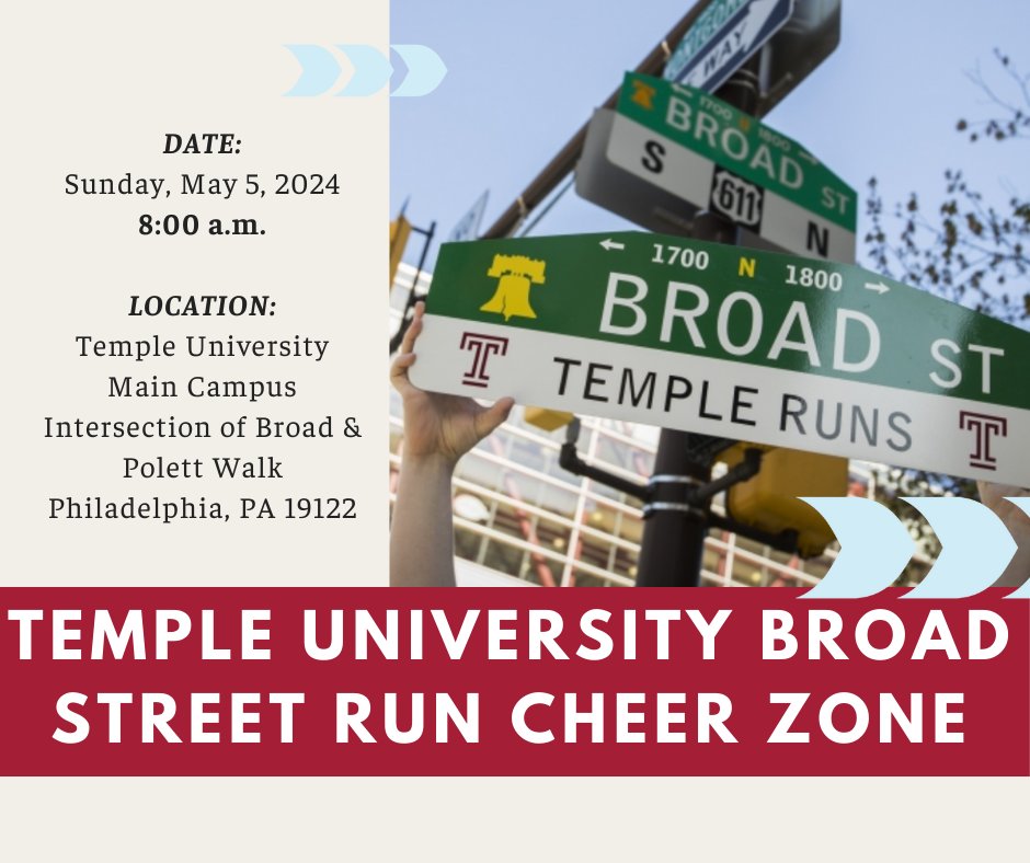 The annual Broad Street Run Cheer Zone at Temple brings together alumni, current students, faculty, staff and the community while cheering on runners participating in the Broad Street Run. Register here: bit.ly/49mDo3p