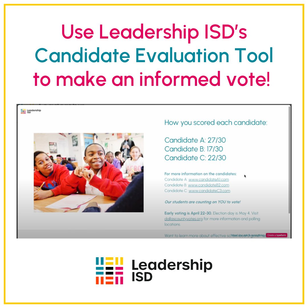 CommitToLeaders's tweet image. Early voting for school board elections starts on Monday - do you know who you're voting for?
Use our Candidate Evaluation Tool to make an informed vote! Our kids are counting on you!
➡️ leadershipisd.org/candidates