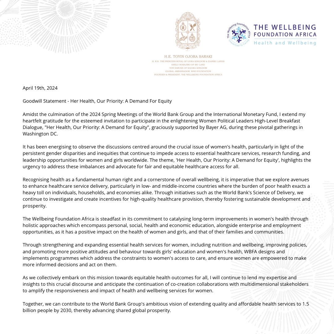 'Her Health, Our Priority: A Demand for Equity' As I virtually round up my observation of the 2024 Spring Meetings of the @WorldBank Group and the International Monetary Fund @IMFNews taking place this week in Washington DC, I am honoured to be invited to contribute to the Women…