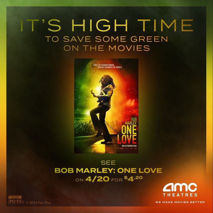 Don’t pass on this deal! Get 🎟 to experience Bob Marley: One Love for just $4.20 at #AMCTheatres on 4/20. Tix: atm.tk/bobmarley