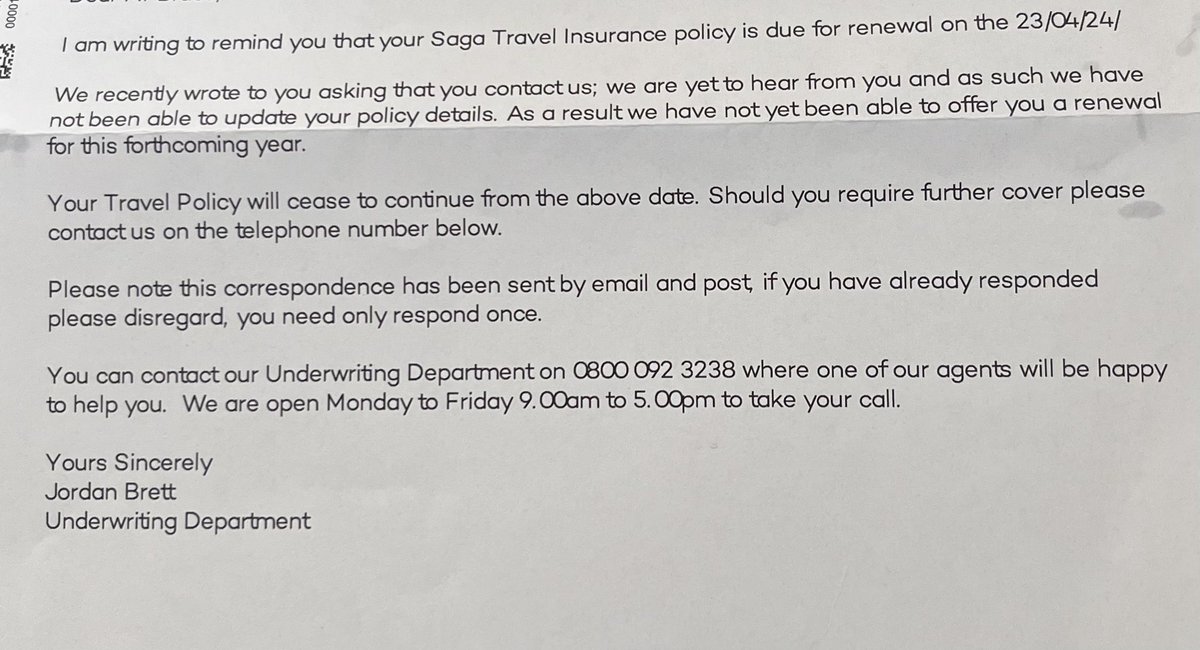 @sagauk This is the 4th reminder received about a policy which doesn’t expire until next week. This latest letter had to be signed for! It has a very heavily worded undertone…. The language used is far too officious for something which is after all a choice. #heavyhanded