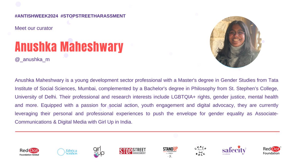 TheSafecityApp's tweet photo. Hi everyone, tonight’s #Safecity chat is being curated by Myrian Castello (@MyrianCastello) & Anushka Maheshwary (@_anushka_m).
Join us at 9 pm IST to discuss the “Civic Education: Equipping Communities to Combat Street Harassment”!
#AntiSHWeek2024
#RedDotFoundation https://t.co/I5XL0RIiyB