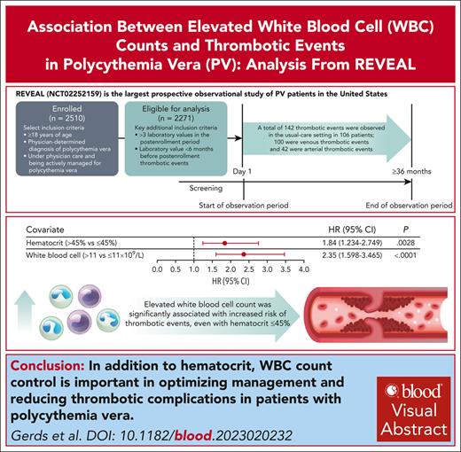 Acute and sustained WBC count elevation was significantly associated with increased thrombotic event risk, even with hematocrit level ≤45%. ow.ly/AYEL50RjbNP #thrombosisandhemostasis #clinicaltrialsandobservations #myeloidneoplasia