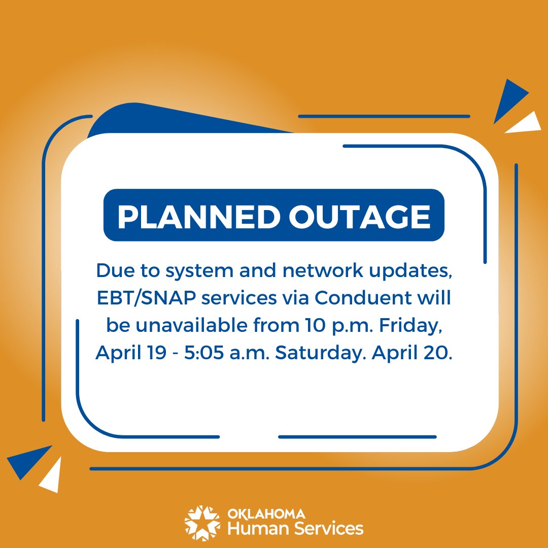 ⚠️ Planned Outage Alert! ⚠️ Conduent, our SNAP/EBT provider, will be updating their system from 10 p.m. Friday, April 19 - 5:05 a.m. Saturday, April 20. During this time, most services will be unavailable. Thank you for your patience as we work to enhance our services.