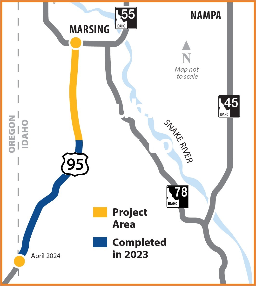 Work on US-95 resumes Monday. Construction will start near the Port of Entry and continue to the State Highway 55 Junction west of Marsing. Work is Expected to finish in Summer 2024. To learn more, or sign up for construction updates visit ITDProjects.idaho.gov/pages/95Repavi…