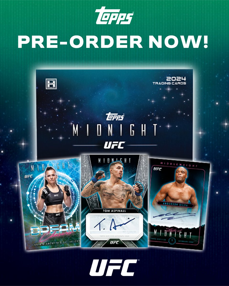 Introducing Topps UFC Midnight 🌌 Available NOW to Pre-Order! 🤜💥 ✅ Printed on Black Chrome technology ✅ 1️⃣0️⃣0️⃣ Card Base Set ✅ Multitude of Parallels! ✅ 3️⃣ Autographs in every box! ✍️✍️✍️ 🔗 uk.topps.com/products/2024-… #Topps #UFC #Midnight #MMA #TheHobby