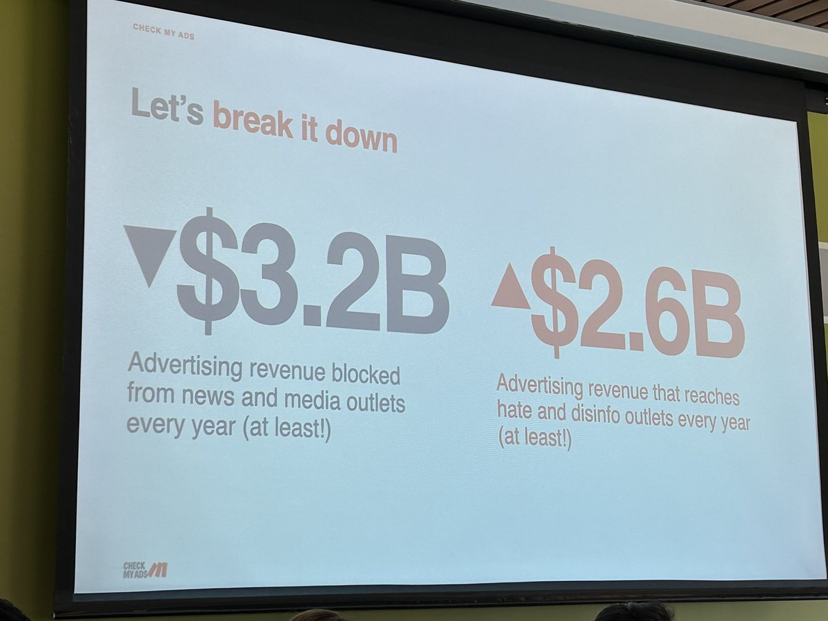 mikenavallo's tweet photo. Nandini Jammi (Check My Ads Institute) highlights the context of disinformation — that it is an economy.

Says that while advertising revenue for news and media has dropped, revenue for ads that reach hate and disinfo has risen.

#GloTechLab https://t.co/qGHswoYhqf