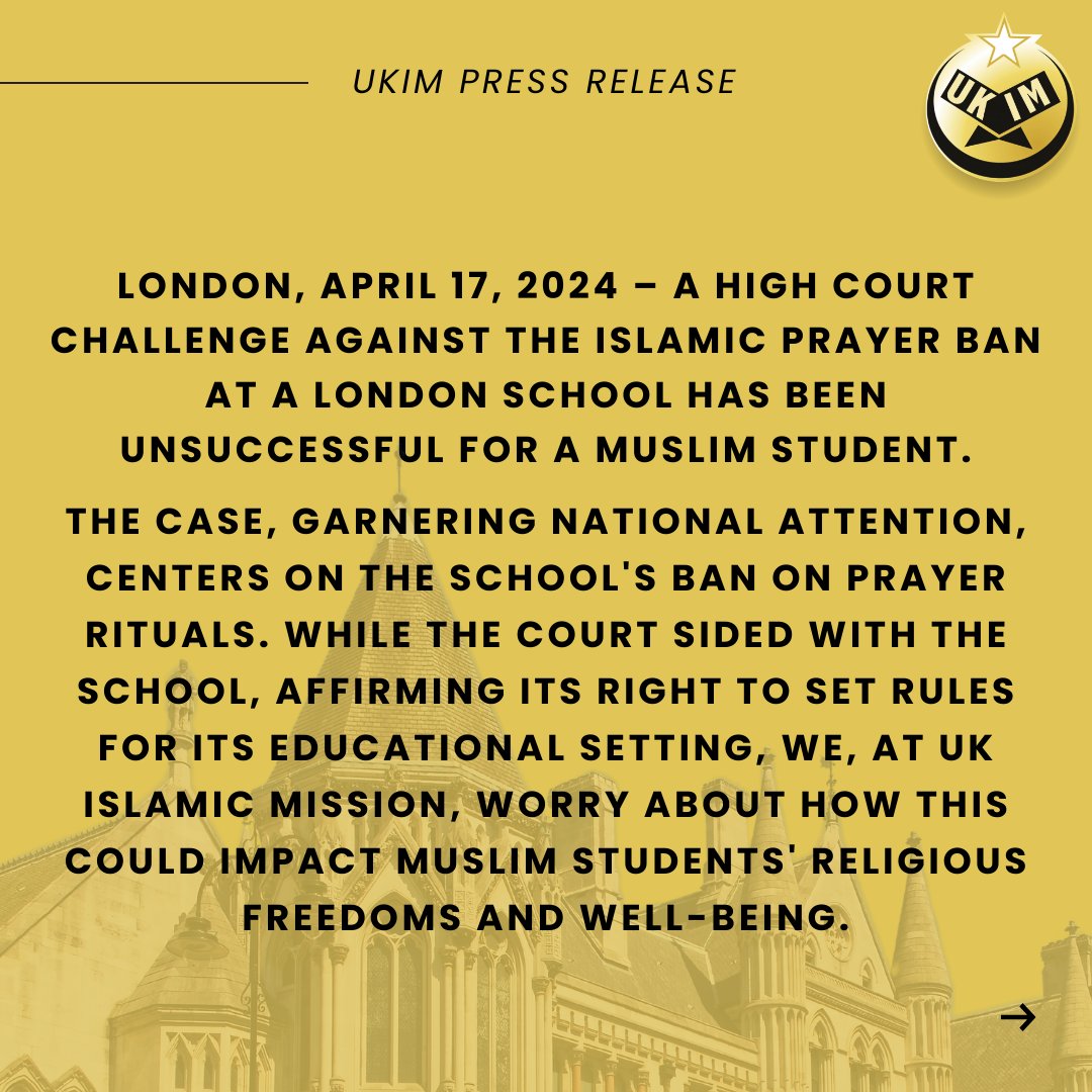 UKIMofficial's tweet photo. 📢 UKIM's Official Press Release 📢
Learn more about our stance on the recent High Court decision regarding the Islamic prayer ban at a London school #ReligiousFreedom #SupportMuslimStudents https://t.co/aQ3fLPjV20