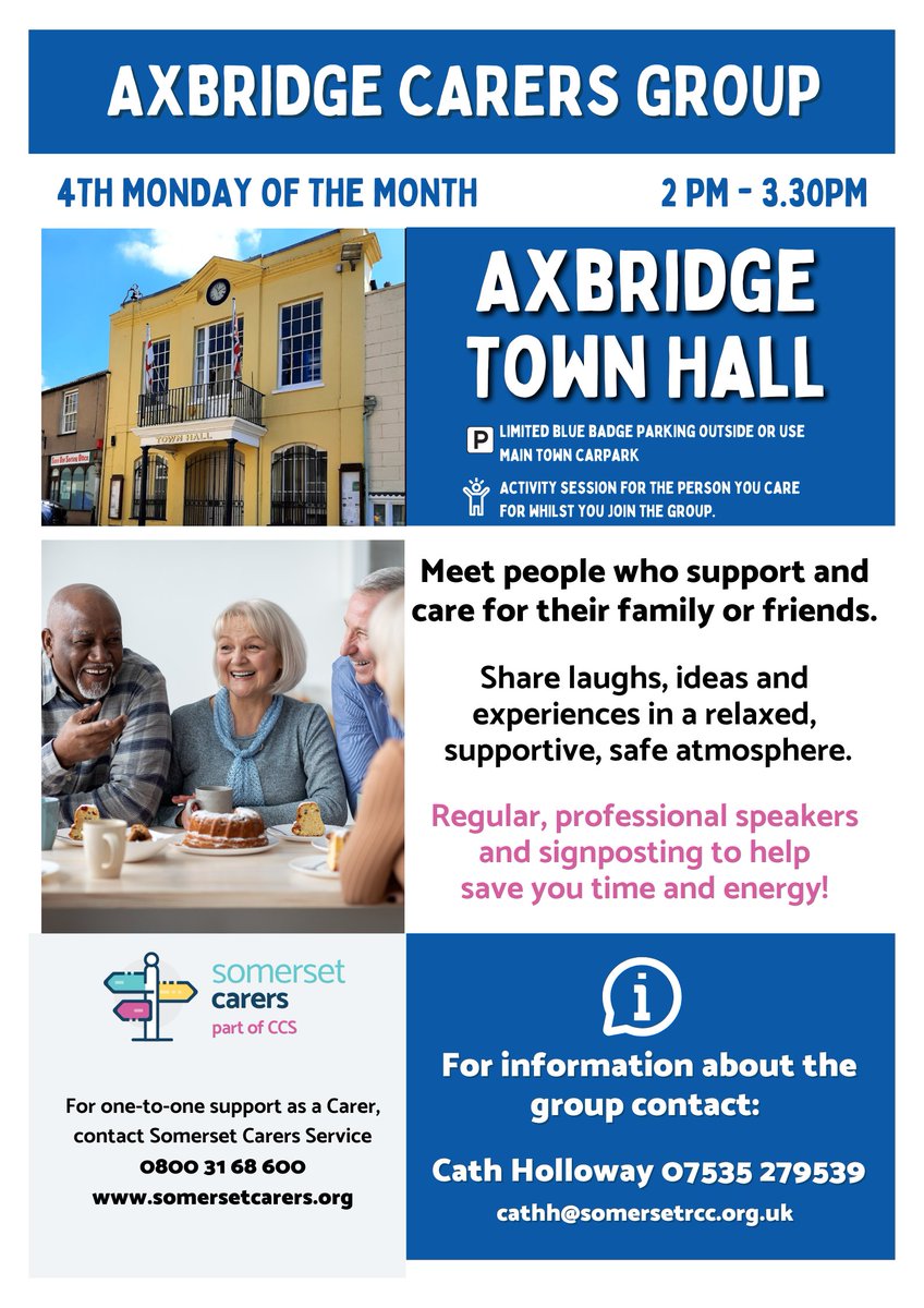 On Monday at our Axbridge group, we are joined by Medequip, to answer your equipment questions, and also the Alzheimer's Society.  Pop along and join in with the chat, make new friends and learn about things that may help you with caring for your family or friends. 

#Axbridge