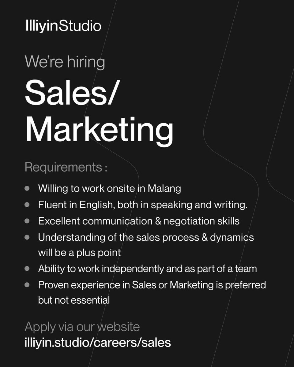 #LokerPam - Illiyin Studio - Sales/Marketinf - illiyin.studio/careers/sales