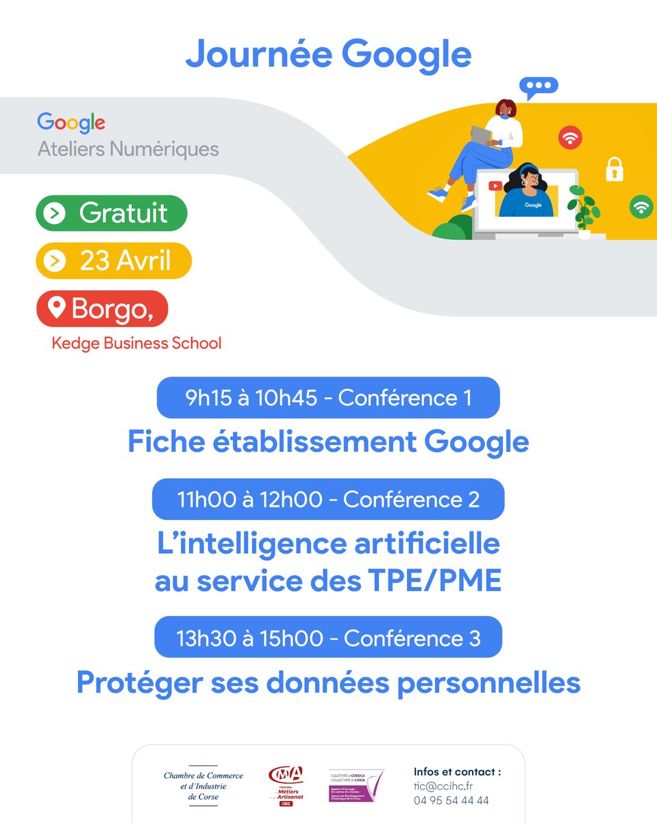 Google Atelier Numérique 👩🏼‍💻| JOURNEES GOOGLE ! 
✅ Bénéficiez d'une information et d'un accompagnement gratuit à la maîtrise et l'utilisation des outils numériques. 
ℹ️ Infos et inscription : ow.ly/Qt4F50Rg0sM
<a href="/ADEC_Corse/">ADEC</a> <a href="/cmacorse/">Artisanat de Corse</a> <a href="/AjaccioTourisme/">Ajaccio Tourisme</a>