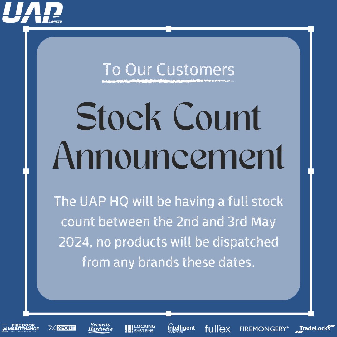 UAP_Limited's tweet photo. 📣 Important 📣

UAP will be conducting a full stock take in early May. 

Please note that no products will be dispatched from UAP HQ on May 2nd&amp;3rd.

 To avoid any delays, kindly place your orders before May 1. 

Thank you! 🚚 

Find out more> https://t.co/nEfXeuRLhu https://t.co/lF7kSkabti