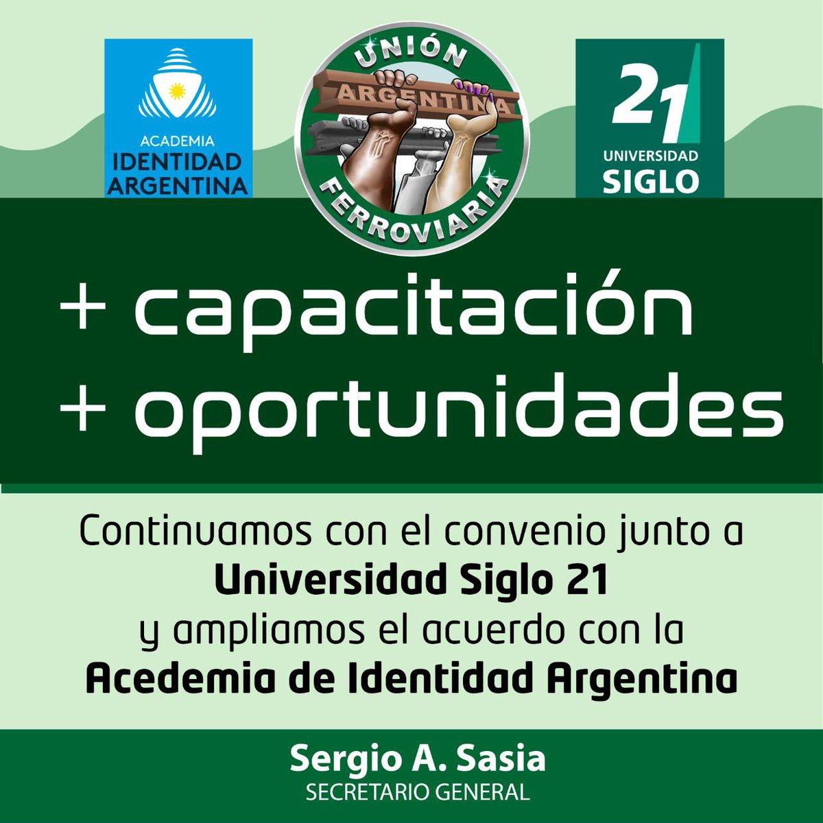 Nos es grato informarles que el Secretariado Nacional de la Unión Ferroviaria ha decidido prolongar la vigencia del “Convenio Unión Ferroviaria – Universidad Siglo 21 y Academia Identidad Argentina” hasta abril de 2025.📚🙋🏻‍♀️ Más info 👉 instagram.com/p/C58evEIgVlH/…