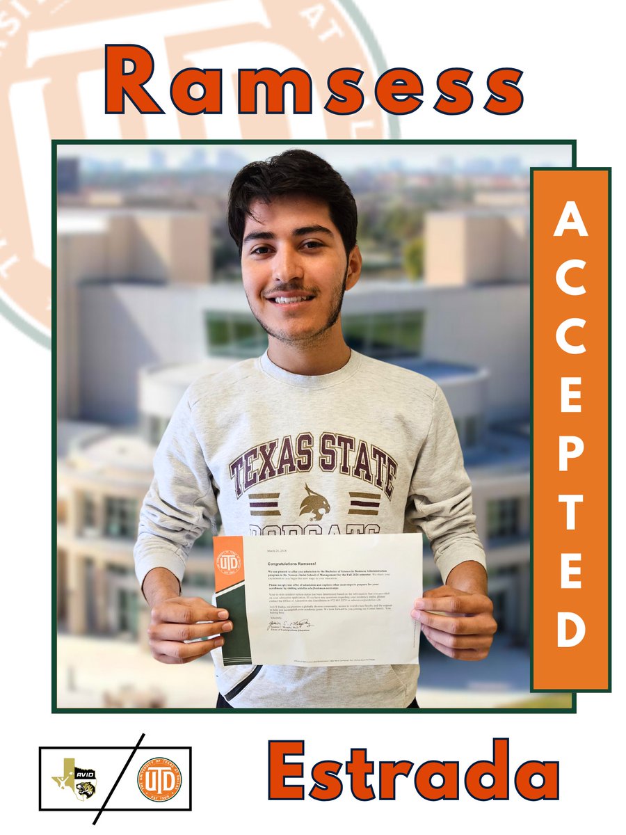 Congratulations to @IrvingHigh student, Ramsess, on his acceptance to @UT_Dallas. We are #AVID proud of you! #texastornadodesigns #futurecomet #irvingisd #tigernation