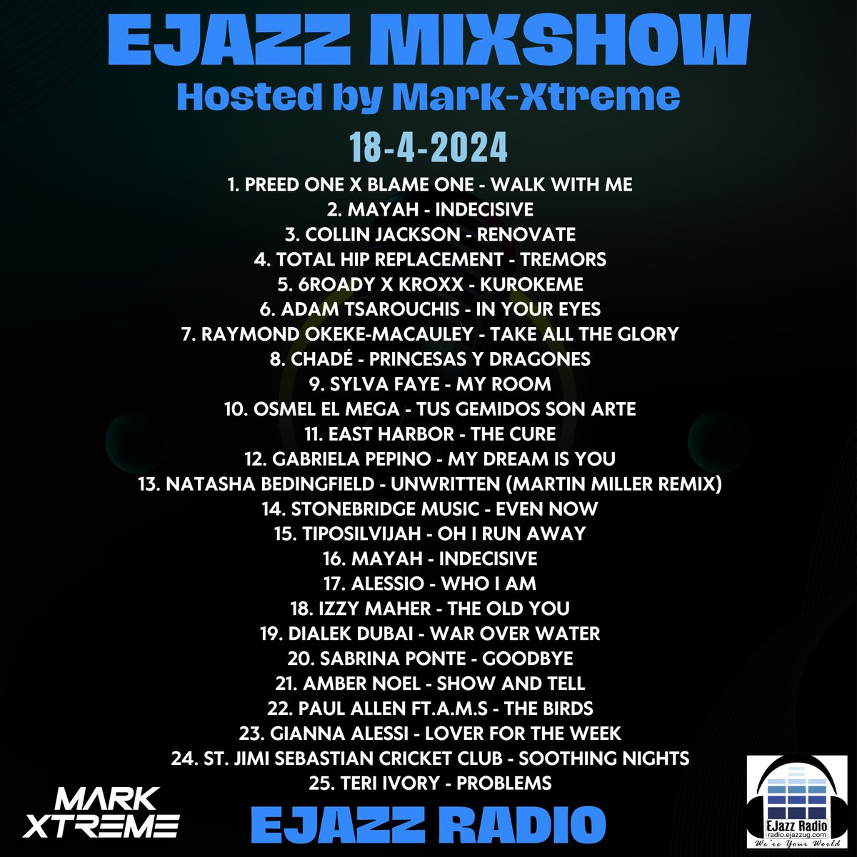 #EjazzMixShow Mon-Friday 1-2pm EAT on Ejazz Radio hosted by Dj Mark-Xtreme

18-4-2024 Playlist

#MixShow #Newmusic #goodmusic #Radio #Indieartists #indiemusic