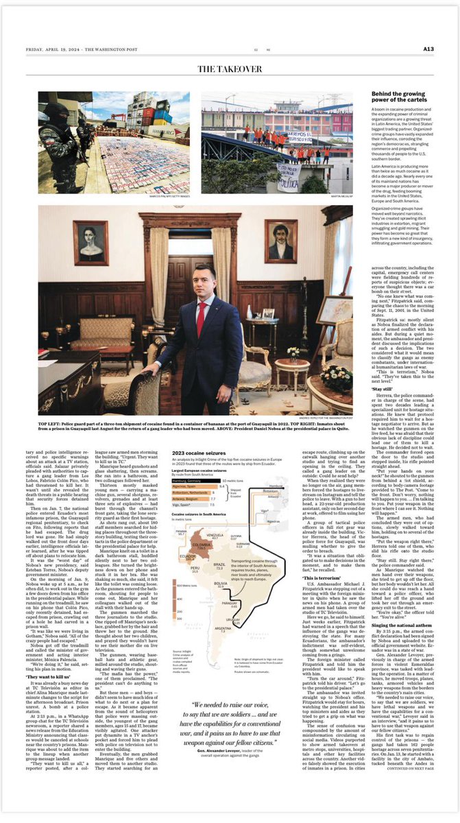 Hoy se destaca en primera plana del @washingtonpost, y dos paginas interiores completas en el formato de papel, la investigación que trabajamos con @schmidtsam7: “La rebelión del narco que puso a Ecuador al borde del abismo”.