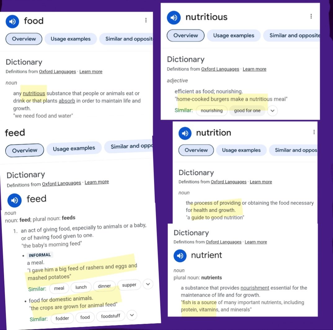 Notice how a quick scan of the definitions of words from the Dictionary promote food as a nutritious substance for health & growth. Namely burgers, bacon, eggs & fish. No mention of bread, sugar or leafy greens 🤔 Crops are for animal feed! #nutrition #health #food #eatmeat