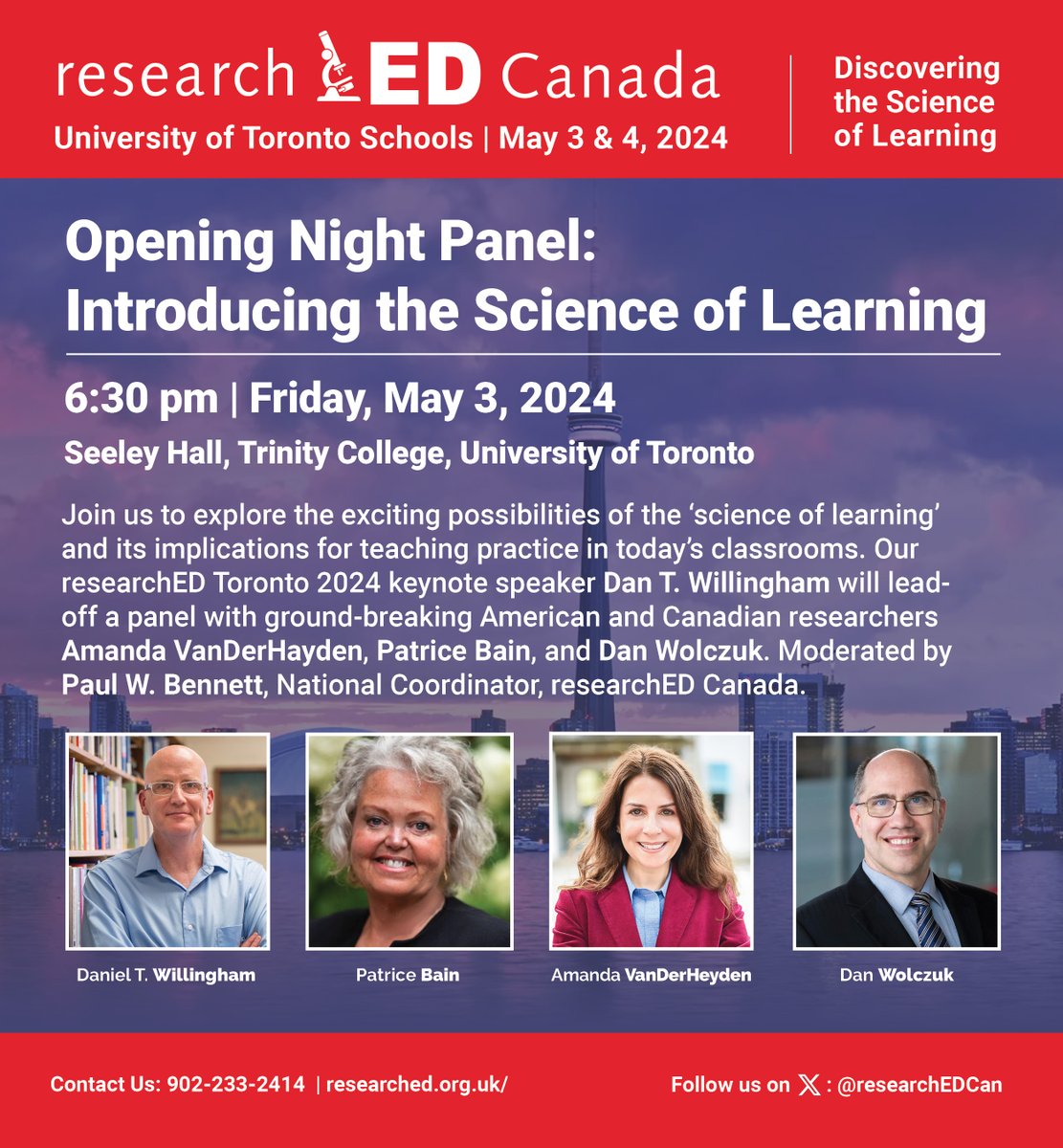 What's New? Our Conferences are Longer! researchED Canada starts on Friday Night May 3 with a Provocation and a Headliner Panel at Trinity College, University of Toronto. Our agent provocateur - @C_Hendrick and the Panel kicks-off with @DTWillingham Great chance to meet & greet!