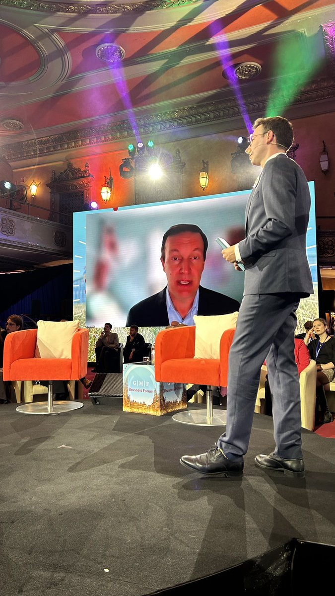 Sen. @ChrisMurphyCT says the NATO Summit in July first is a chance to “sell NATO” to the American people and not be ashamed to do so. Many U.S. lawmakers scheduled to appear on stage here had to cancel their travel because of the long-delayed supplemental vote. #BrusselsForum