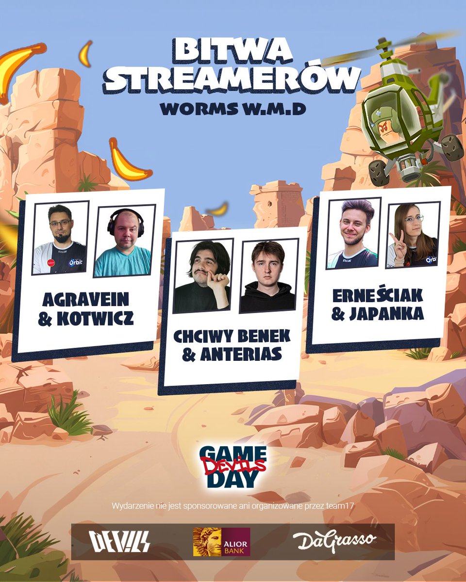 devils1gg's tweet photo. Dawajcie więcej streamerów, Devils Game Day by @AliorBankSA  & @DG_Pizzerie  wytrzyma!

Czas przedstawić Wam śmiałków, którzy mają na tyle odwagi aby stanąć w Wormsowy bój. Tym razem gwiazdami będą @AgraveiN @KotwiczTTV  @chciwybenek @anteriasZiomal @atannajapanna i @TenErnesciak. 

Musicie przyznać, ża paka robi wrażenie 😎 

#reklama