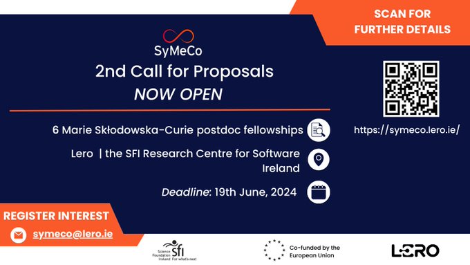 The Lero @SyMeCoCOFUND Fellowship Programme second call for proposals is still open. The @MSCActions and @scienceirel funded programme is recruiting 6 fellows to be based with Lero partners around Ireland. Register your interest at symeco@lero.ie