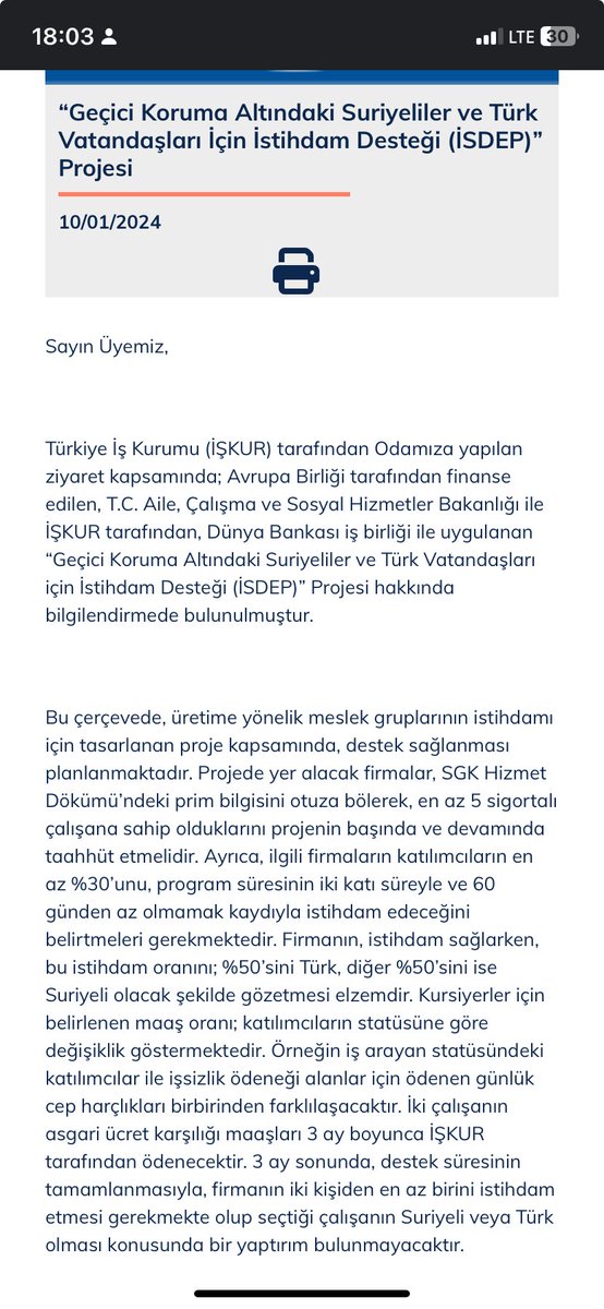 %50 Suriyeli istihdam şartına bağlı İSDEP adlı destek programı konusunda İzmir Ticaret Odasına bilgilendirme yapılmış. Bilgilendirmeyi yapan kurum: Türkiye İş Kurumu.

Tweet bu kadar.