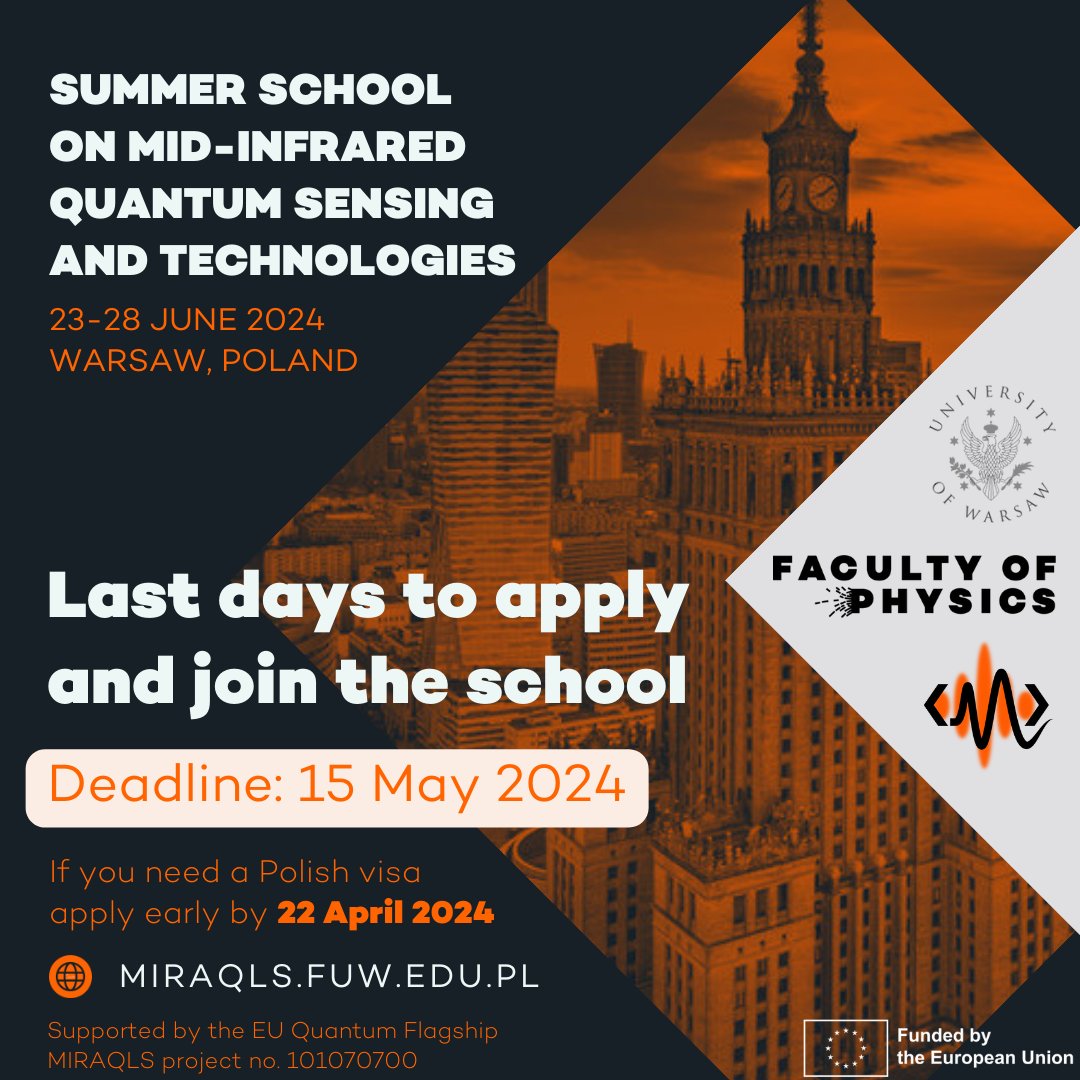 🌟Last days to apply to the Summer School on Mid-Infrared Quantum Sensing and Technologies! 🌟 Check our exciting line-up of interdisciplinary speakers at miraqls.fuw.edu.pl/index.php/spea…. Deadlines 22 Apr & 15 May! @project_MIRAQLS @QuantumFlagship @UniWarszawski