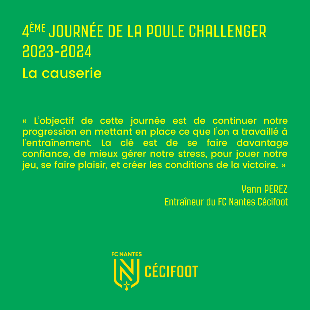 🗣 La causerie 🗣

La causerie avant la 4ème journée du Championnat de France B1 (Poule Challenger) prévue ce samedi à Lens est proposée par Yann PEREZ, notre entraineur, qui évoque l’importance de la confiance et du relâchement.

#FCN #Cécifoot #OnEstNantes