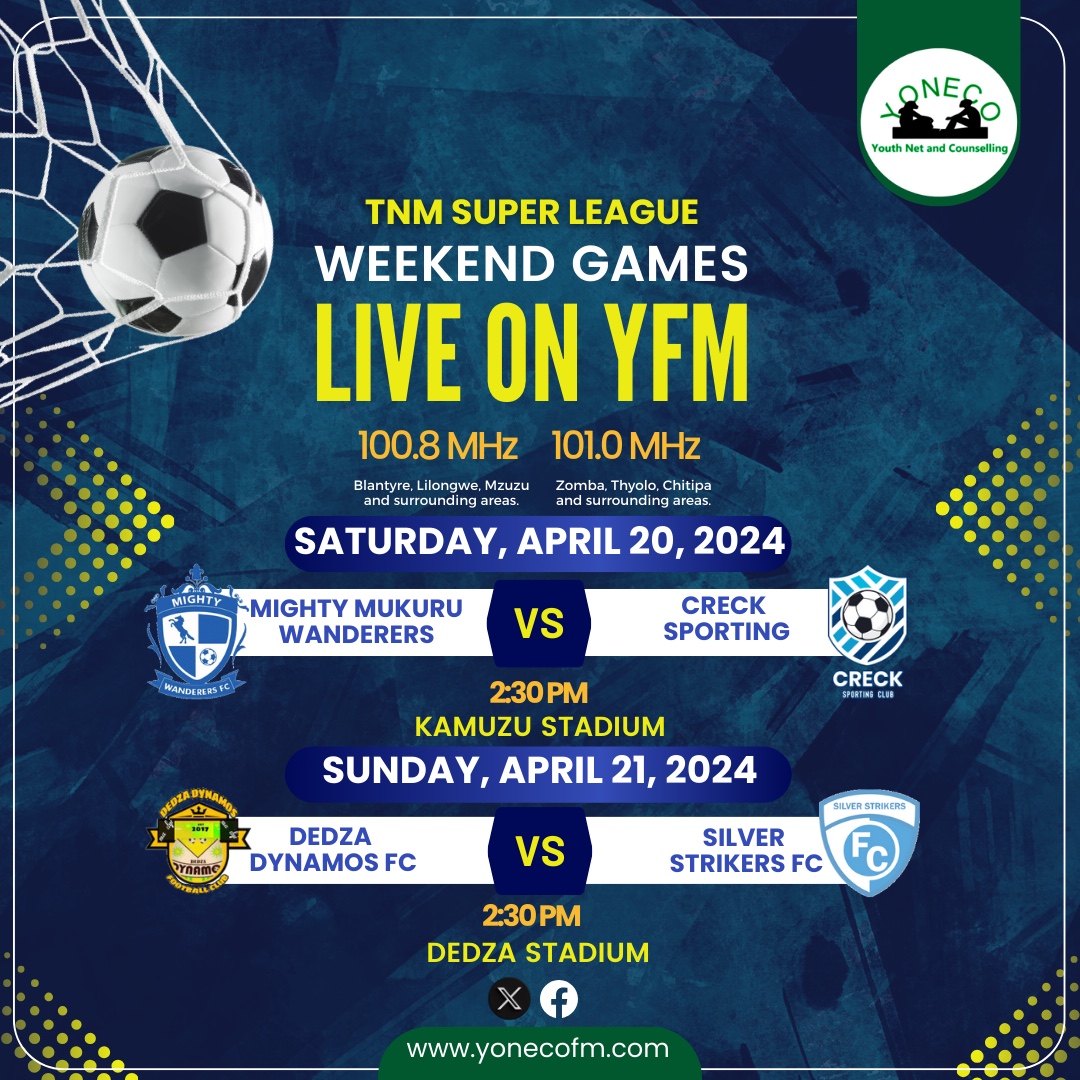 Remember, YFM will cover the game between Mighty Mukuru Wanderers and Creck Sporting Club tomorrow 20 April 2024. Then again, on 21 April 2024, YONECO FM will also broadcast live, the match between Dedza Dynamos FC and Silver Stickers FC. Tune in to catch all the action!