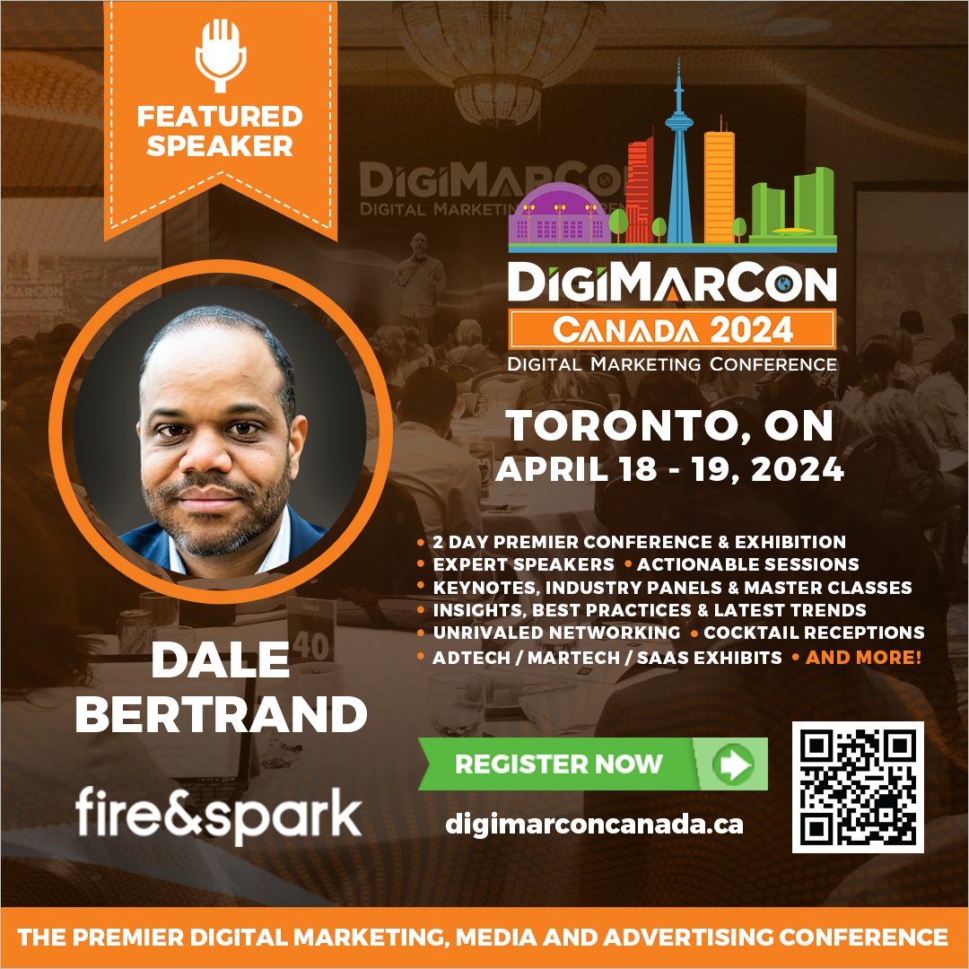 Today at #DigiMarConCanada 2024, catch Dale Bertrand live at CF Toronto Eaton Centre Hotel in Toronto, Ontario! 🌟 Unleash the power of #digitalmarketing with expert insights. Join us live here: digimarconcanada.ca #MarketingEvent #DigiMarCon #DigiMarConSpeaker