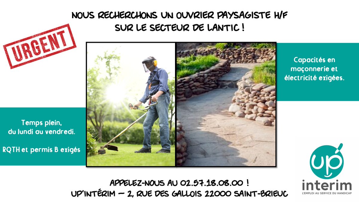 Up_SaintBrieuc's tweet photo. URGENT !! Nous recherchons un ouvrier paysagiste sur le secteur de Lantic ! De plus pour une entreprise très sympathique !
#mission #RQTH #inclusion #job4you #emploi #upinterim #handicap #icicarecrute #handicapable https://t.co/OYn42CNkAA