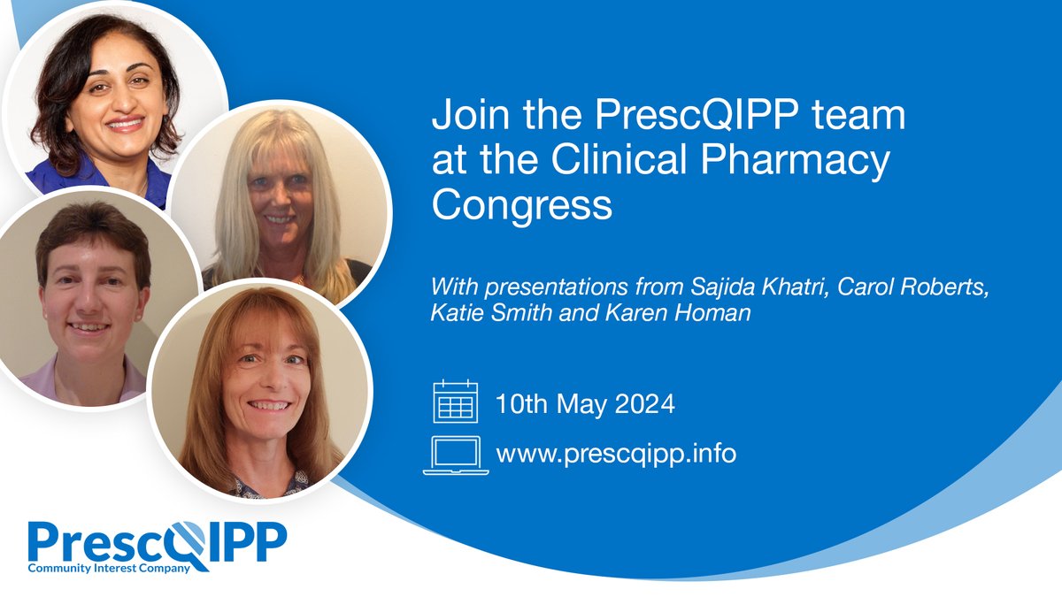 The PrescQIPP team will be @CPCongress on Friday 10th May presenting on data and deprescribing. Check out the programme to see where and when we will be speaking: pharmacycongress.co.uk/programme Register for your free place here: ow.ly/sKi350Rg2vP We can't wait to see you!