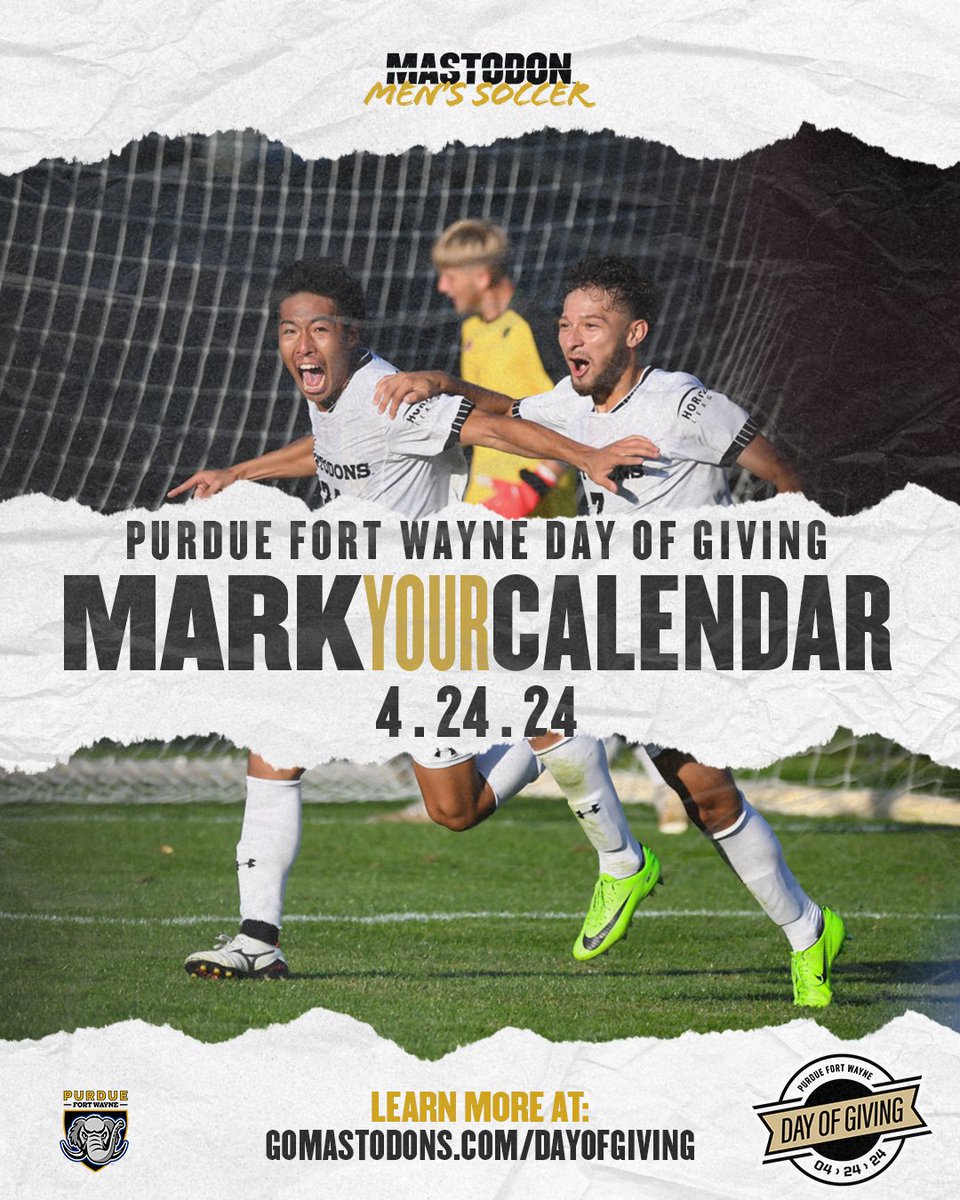 𝙈𝙖𝙧𝙠 𝙔𝙤𝙪𝙧 𝘾𝙖𝙡𝙚𝙣𝙙𝙖𝙧!

#PFWDayOfGiving is THIS Wednesday, April 24 and your donation can make a BIG difference for the men's soccer team!

Visit GoMastodons.com/DayOfGiving for more info.

#PFWBigGive