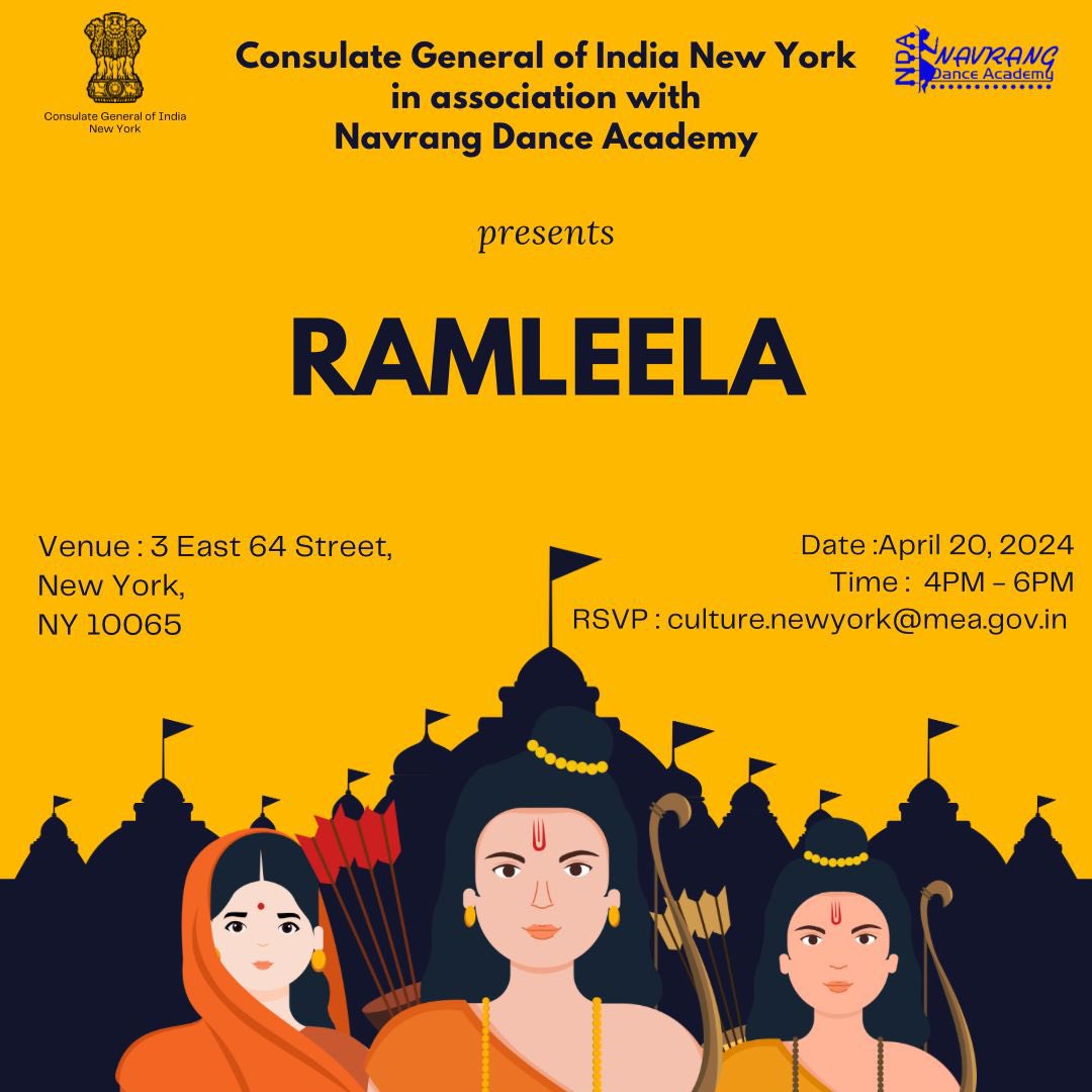 Join us for Ramleela play at @IndiainNewYork on April 20, 2024. Program starts at 4PM RSVP @ culture.newyork@mea.gov.in to reserve your seat! Venue : 3 E 64 Street, New York, NY 10065 @MEAIndia @IndianEmbassyUS @IndianDiplomacy