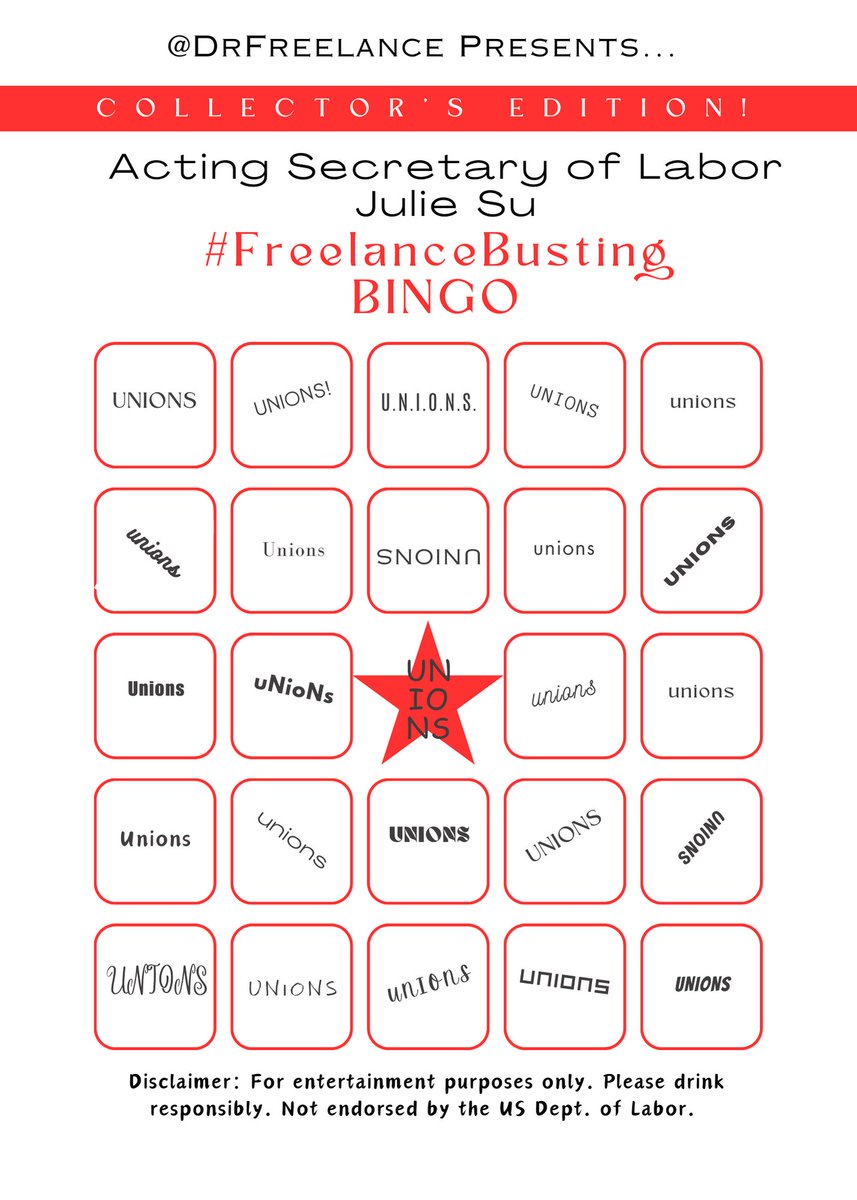 It's Friday--and you know what that means...it's time for the newest #FreelanceBusting bingo!  

Please don't make it *too* easy for us, @ActSecJulieSu—some of us #selfemployed folks have work to do today!

#FightForFreelancers